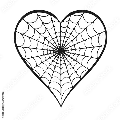 Heart shaped spider web vector illustration with intricate black lines, gothic romantic symbol combining love and spooky Halloween theme in decorative abstract design
