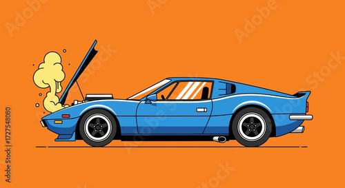A classic blue sports car with its hood open, emitting steam and smoke, indicating an engine problem on an orange background