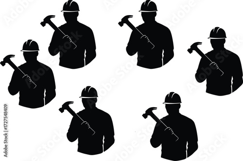 PrintConstruction worker silhouettes, teamwork concept, industrial labor unity, hard hat safety, hammer tool icon, circular pattern, workforce strength, building industry