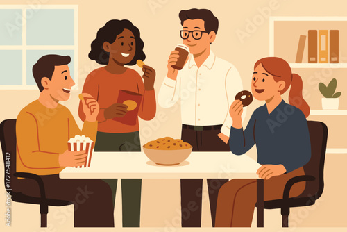 Diverse group of friends enjoying snacks and coffee together at a table indoors