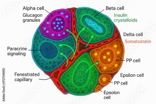 Illustration of pancreatic islets showing different endocrine cells and their secretions, highlighting alpha, beta, delta, PP, and epsilon cells and their functions.