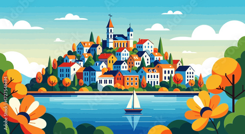 A charming european village with colorful houses cascades down a lush green hillside towards a serene blue lake, where a lone sailboat glides on the water under a bright sky with fluffy clouds
