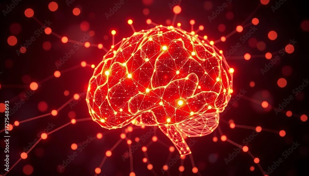 Fototapeta premium Abstract glowing network nodes forming a brain, machine learning, ai concept