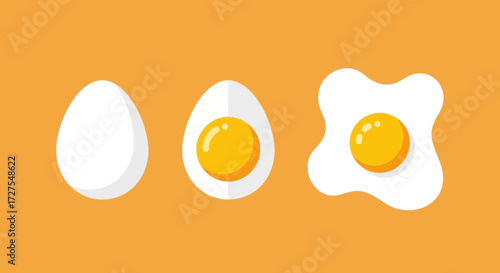 A visual progression of an egg, from raw to boiled and then fried, presented in a clean, flat design style against a vibrant orange background