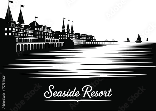 Monochromatic Seaside Resort Illustration Buildings Reflecting on Water with Sailing Ships in Distance