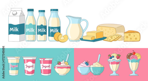 A delightful assortment of dairy products including milk cartons and bottles, cheese, butter, yogurt cups, and creamy ice cream sundaes, showcasing a variety of sweet and healthy treats