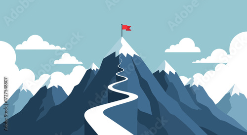 A winding path leads to the snowy summit of a majestic mountain, crowned with a red flag, symbolizing achievement and the journey to success under a vast blue sky with fluffy clouds