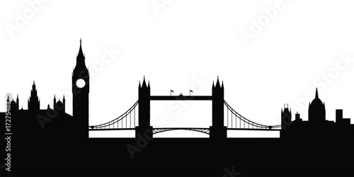 Iconic London Skyline Silhouette Featuring Tower Bridge and Big Ben Landmark