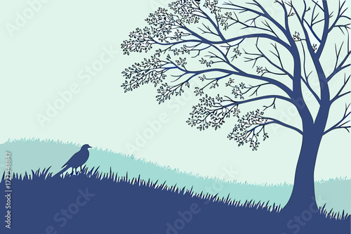 Sepia Landscape Silhouette: Large Tree on Hillside with Birds and Mist Vector
