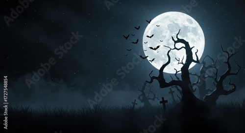 Spooky Halloween Background with Haunted Forest and Full Moon