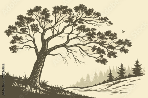 Bald Eagle Perched by Tree Vector Illustration - American Wildlife Duotone Graphic