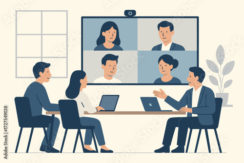 Diverse team collaborating remotely through a video conference call in a modern office setting