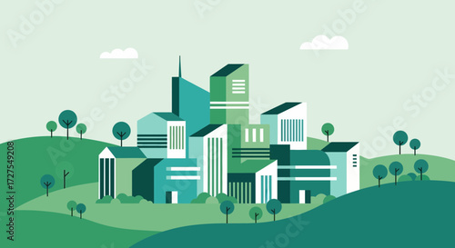 A modern cityscape with geometric buildings nestled among rolling green hills and scattered trees under a pale sky with a single cloud