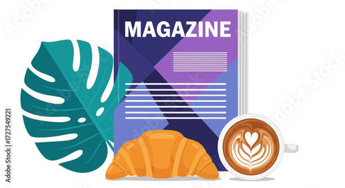 A delicious croissant and a cup of coffee with latte art sit next to a magazine and a tropical leaf, all isolated on a white background