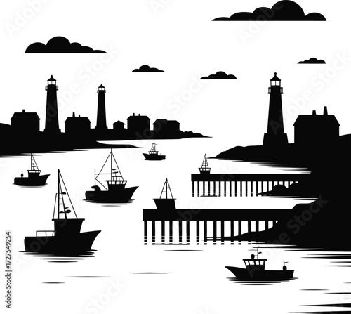 Monochromatic maritime scene showcasing lighthouses, ships, clouds and coastal architecture