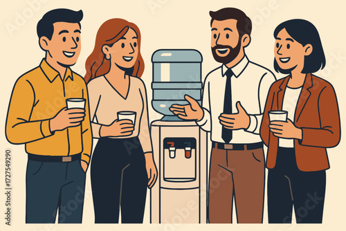 Diverse group of colleagues in casual conversation around a water cooler during a break