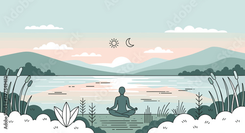 Person meditating by a lake with mountains and sun and moon