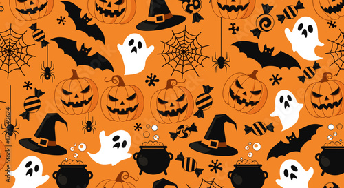 Halloween themed pattern with pumpkins bats and other elements