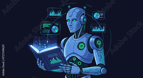 A robot is reading a book with graphs and charts around it