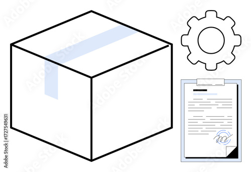 Box with sealing tape, gear, and clipboard featuring signed document emphasize organization, workflow, and delivery. Ideal for logistics, compliance, shipping, project management productivity