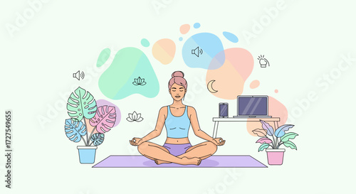 Woman meditating in lotus position with laptop and plants near