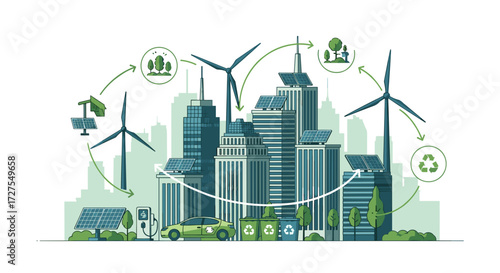 Cityscape showing renewable energy sources and green technology