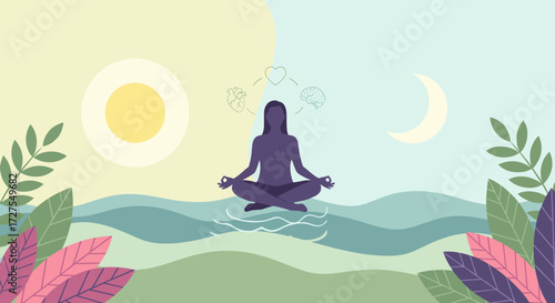 Silhouette meditating between sun and moon with nature scene