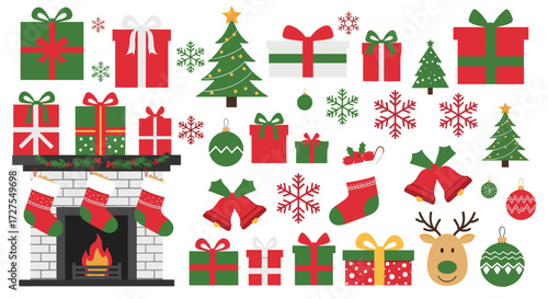 Christmas themed illustration with fireplace and presents