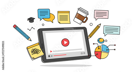 Tablet surrounded by study and work related cartoon icons