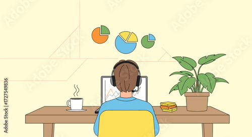 Person working at desk with charts and plant illustration