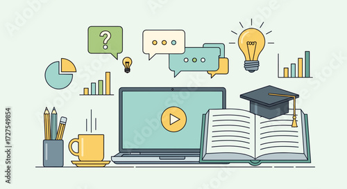 Illustration of online learning with laptop and study items