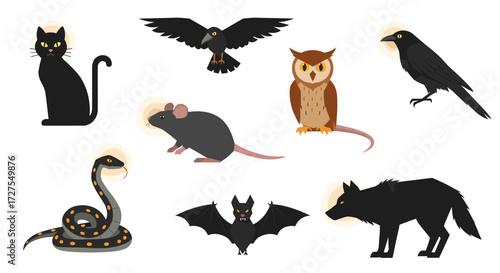 Collection of various animals including cat and flying bat