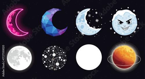 Collection of various moon phases and celestial body designs