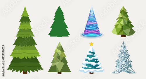 A collection of eight assorted christmas tree illustrations
