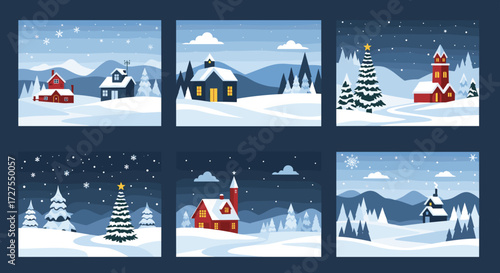 Collection of winter scenes with houses and christmas trees