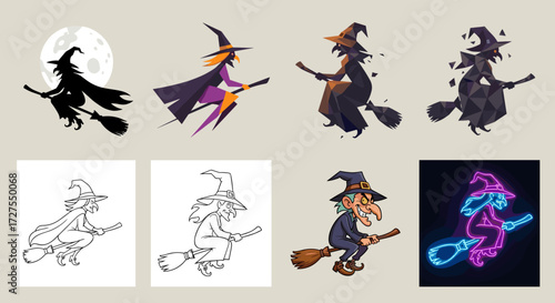 Illustrations of witches on broomsticks in various styles