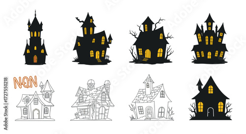 Collection of halloween haunted houses in varied silhouettes
