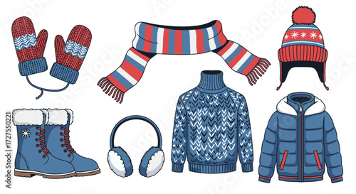 Illustration of winter clothing items including hat scarf coat
