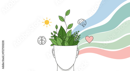 Head with plants and symbols representing growth and creativity