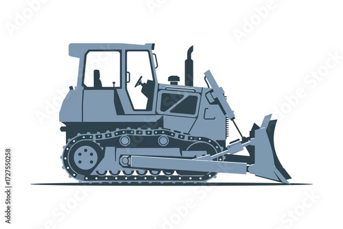Illustration of a bulldozer the bulldozer is blue and has a large blade in the front the bulldozer is shown from the side