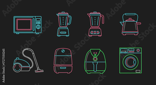 Illustration of various household appliances with neon outlines