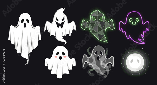 Collection of seven cartoon ghosts on a dark black background