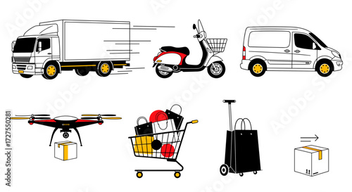 Delivery options showing truck scooter van drone and shopping