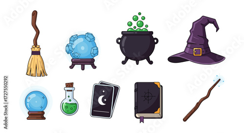 Collection of witch and wizard related magical objects set