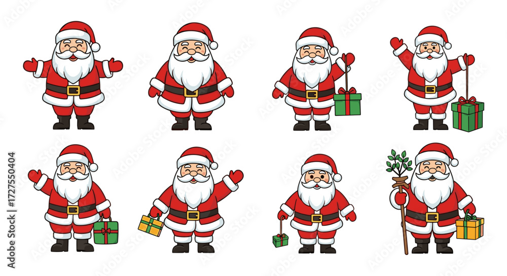 Fototapeta premium Collection of santa claus illustrations in various poses and gifts