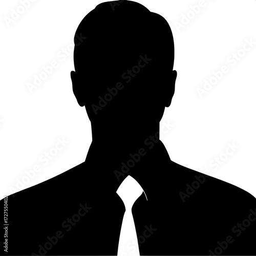 A stark black silhouette of a male figure from the shoulders up. He wears a collared shirt with a sharply contrasting white tie. The background is plain white. The style is minimalist, modern, and sym