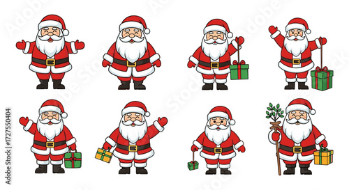Collection of santa claus illustrations in various poses and gifts