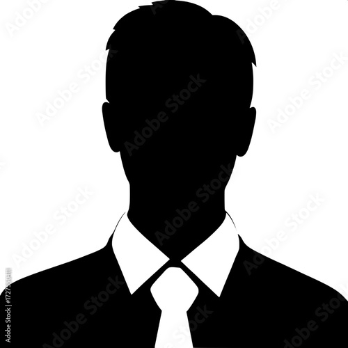 A stark black silhouette of a male figure from the shoulders up. He wears a collared shirt with a sharply contrasting white tie. The background is plain white. The style is minimalist, modern, and sym
