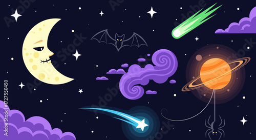 Cartoon night sky with moon stars planets and other elements