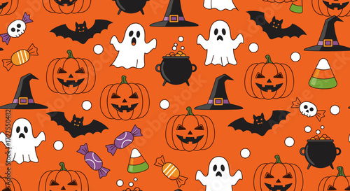 Halloween themed pattern with pumpkins ghosts and candy corn